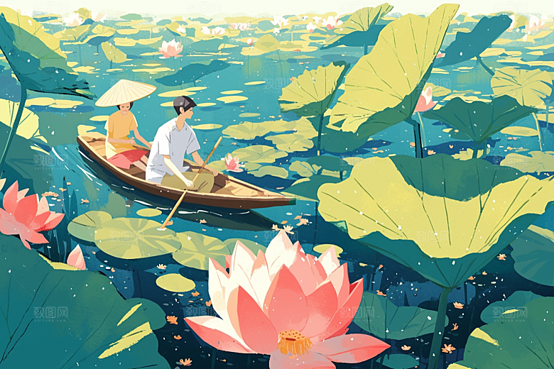 夏日赏荷中国风荷花插画