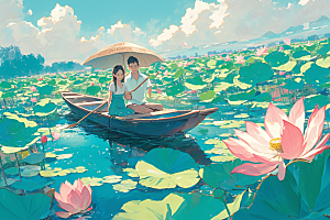 夏日赏荷莲华赏花插画