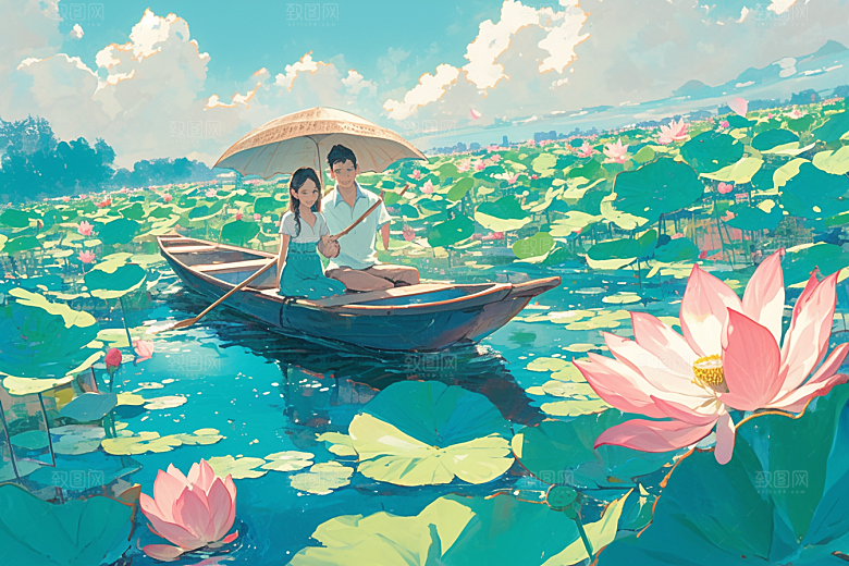 夏日赏荷莲华赏花插画