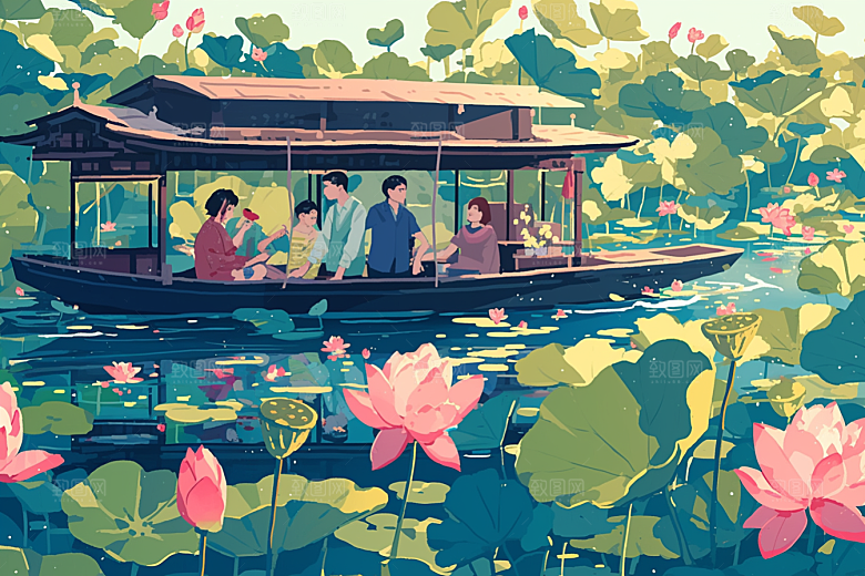 夏日赏荷夏天中国风插画