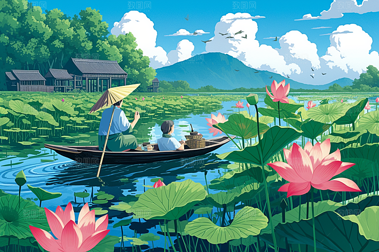 夏日赏荷游船手绘插画