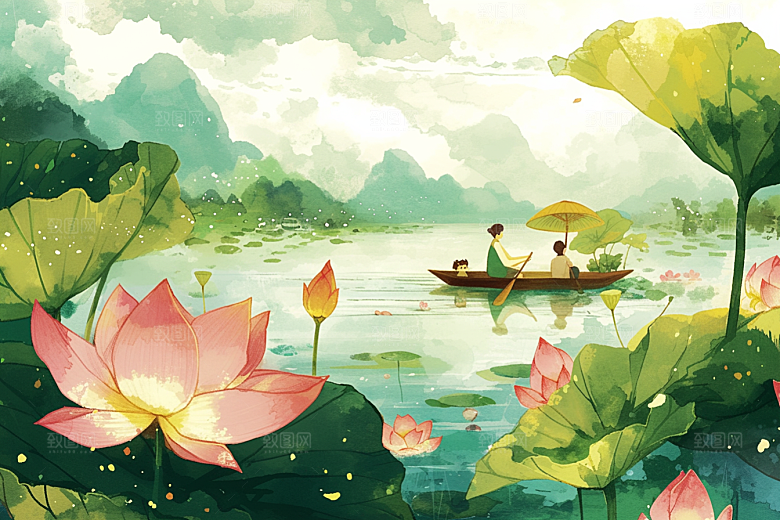 夏日赏荷莲华中国风插画