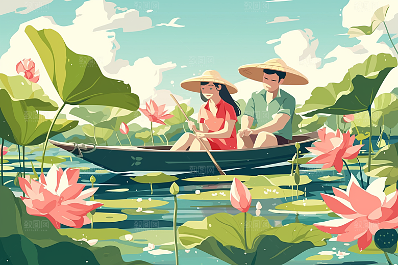 夏日赏荷中国风美景插画