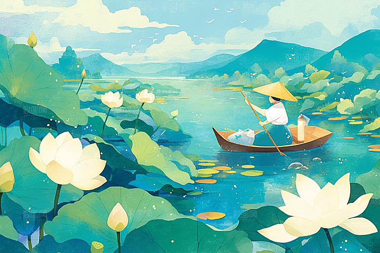 夏日赏荷池塘赏花插画