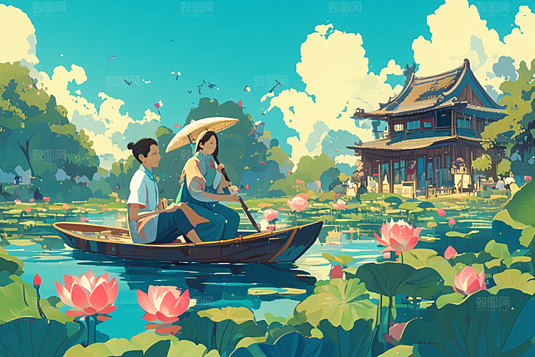 夏日赏荷中国风荷花插画