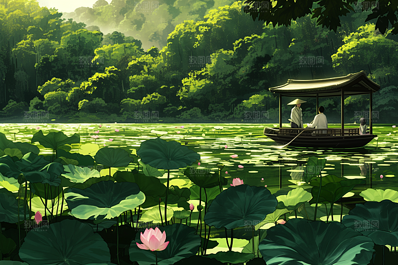夏日赏荷赏花莲华插画
