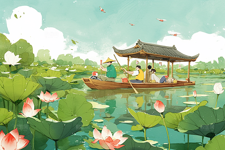 夏日赏荷美景自然插画