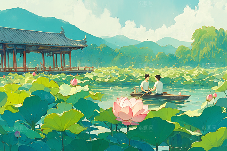 夏日赏荷夏季乘船插画