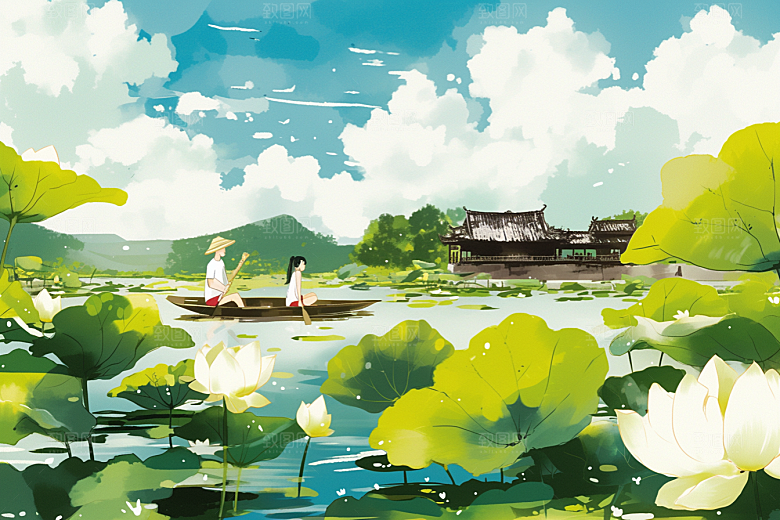 夏日赏荷手绘中国风插画
