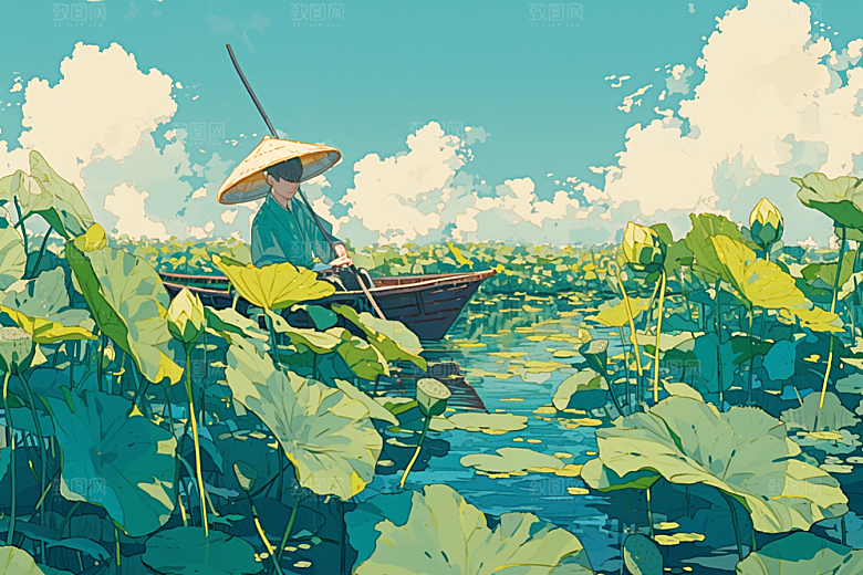夏日赏荷荷花高清插画