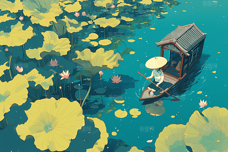 夏日赏荷美景中国风插画