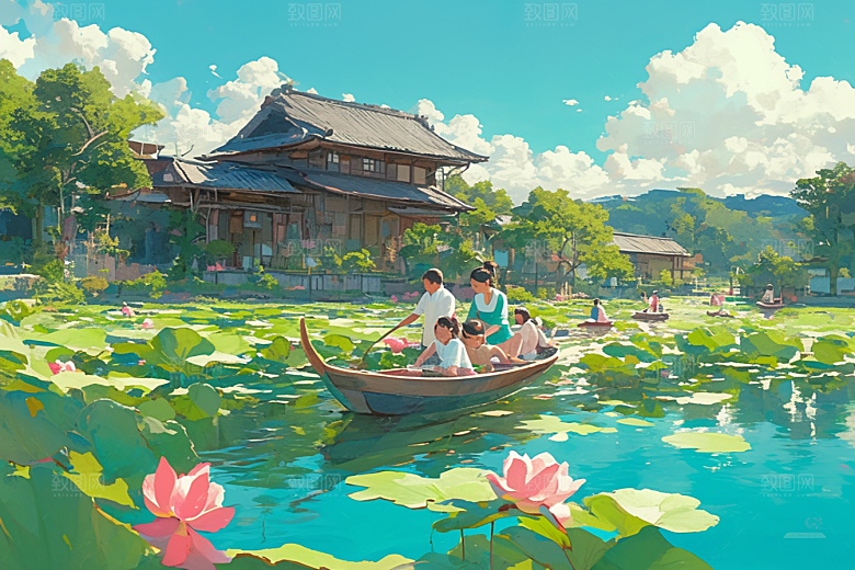夏日赏荷自然莲华插画
