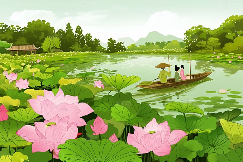 夏日赏荷自然美景插画