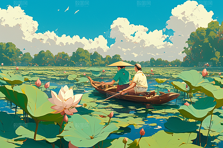 夏日赏荷乘船荷花插画