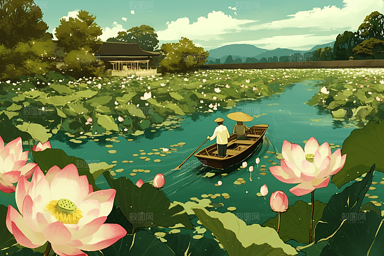 夏日赏荷荷塘手绘插画