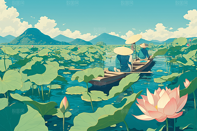夏日赏荷美景莲华插画