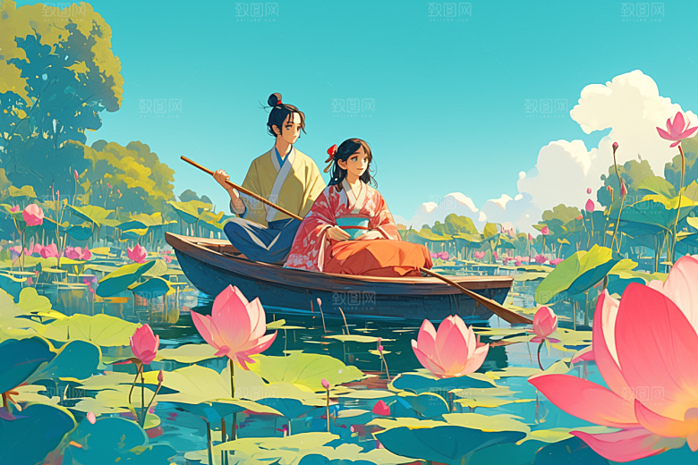 夏日赏荷景色中国风插画