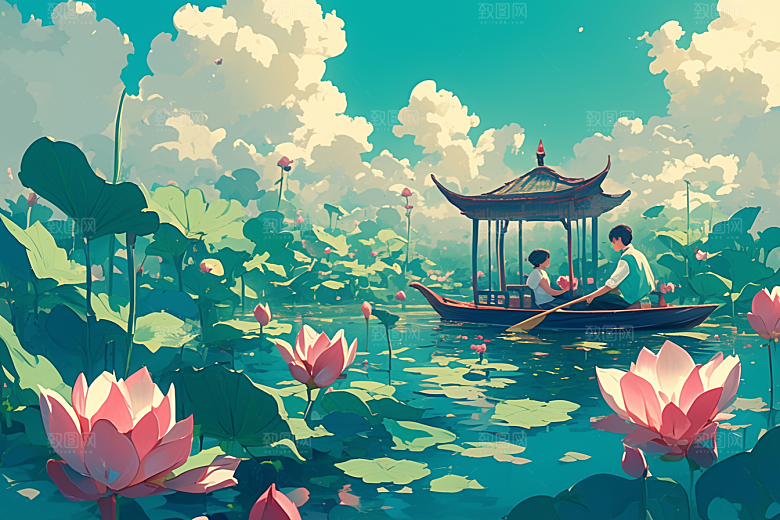 夏日赏荷手绘乘船插画