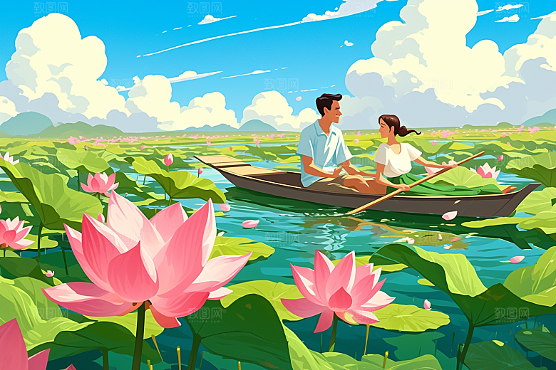 夏日赏荷手绘游船插画
