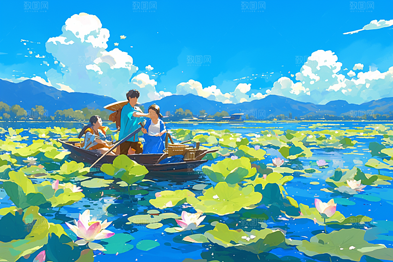 夏日赏荷中国风夏季插画