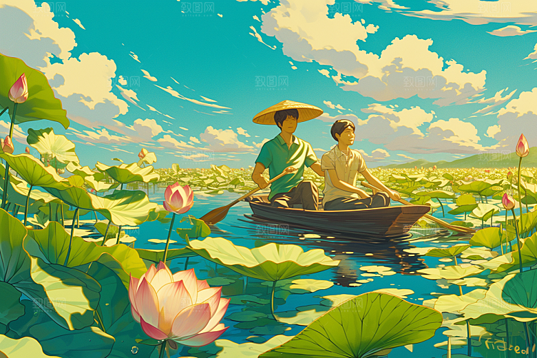 夏日赏荷游船夏季插画