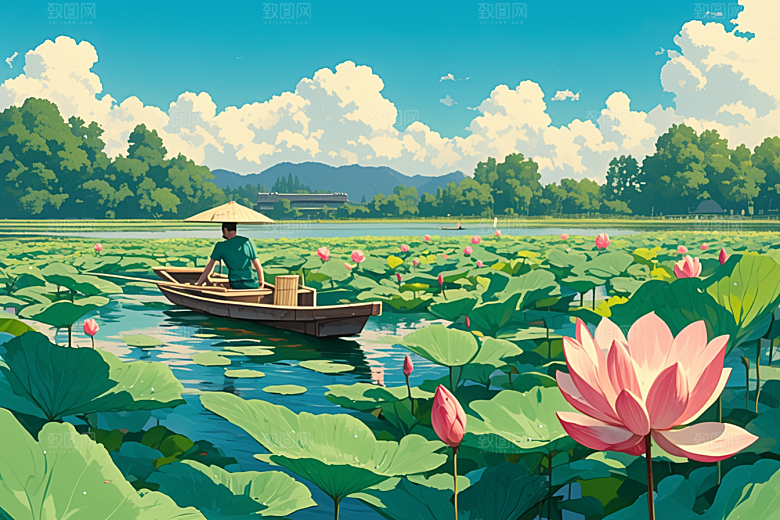 夏日赏荷莲华夏季插画