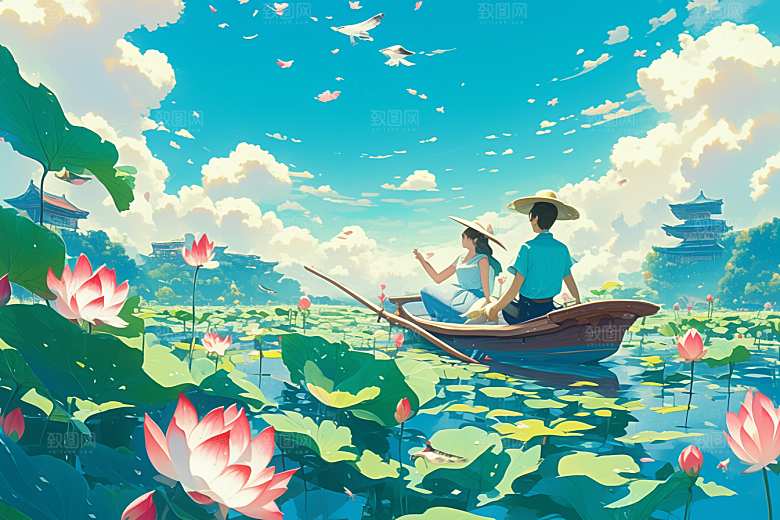 夏日赏荷池塘赏花插画