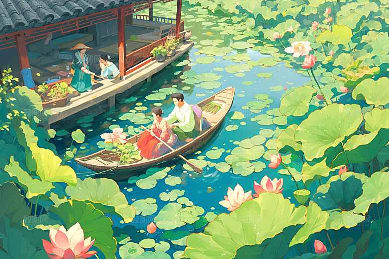 夏日赏荷游船乘船插画