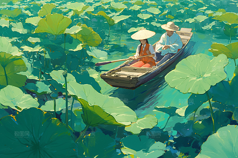 夏日赏荷高清荷塘插画