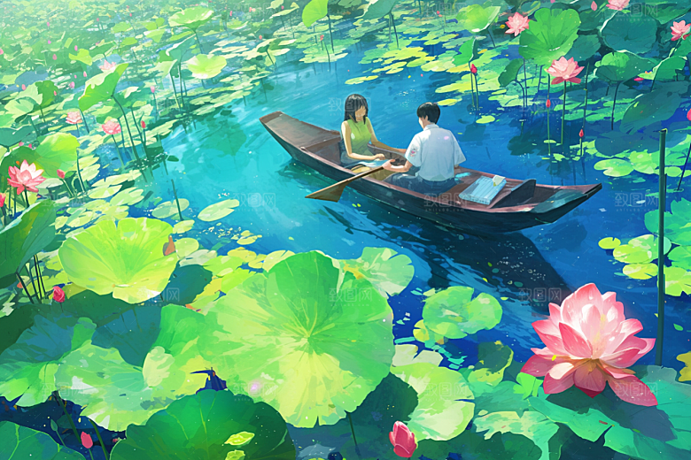 夏日赏荷中国风莲华插画