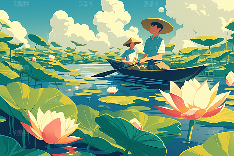 夏日赏荷美景池塘插画