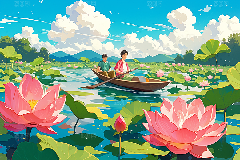 夏日赏荷乘船高清插画