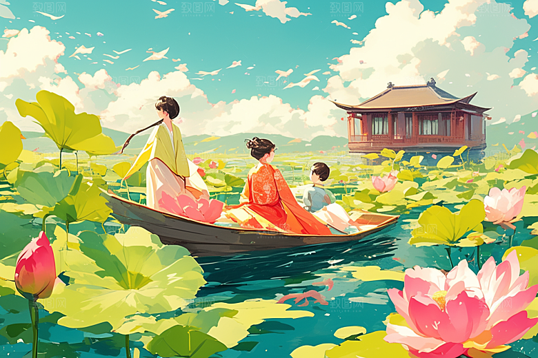 夏日赏荷游船池塘插画