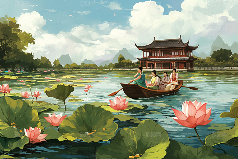 夏日赏荷自然景色插画