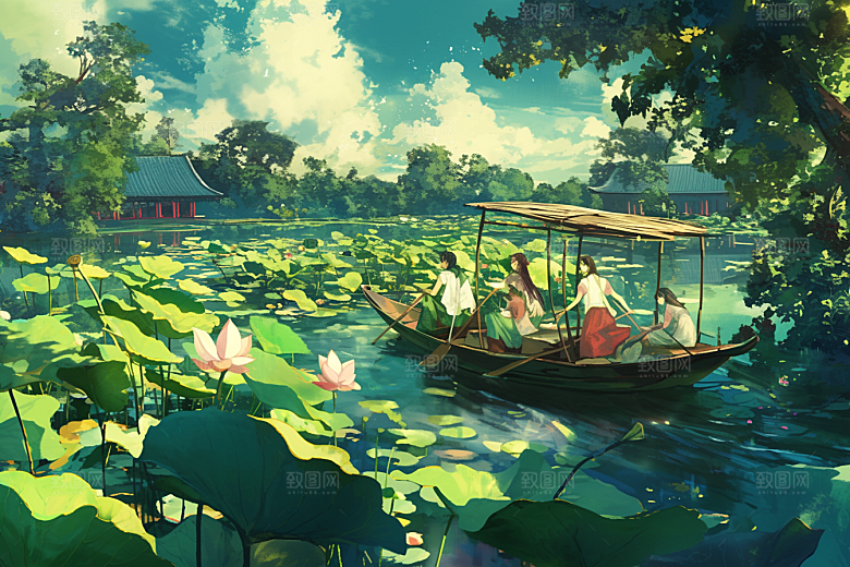 夏日赏荷夏天赏花插画