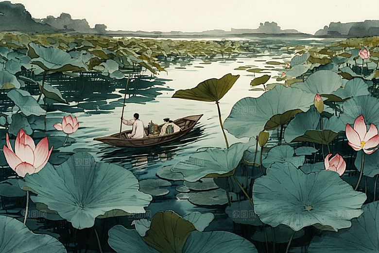 夏日赏荷夏季池塘插画