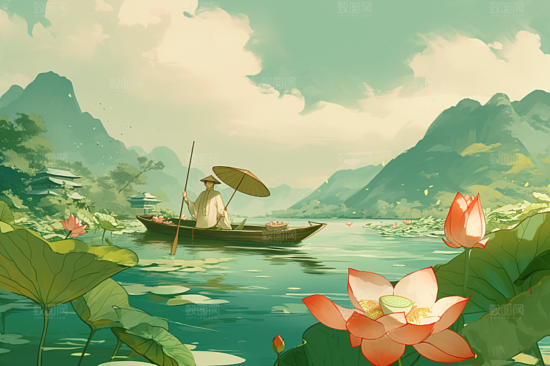 夏日赏荷高清夏天插画