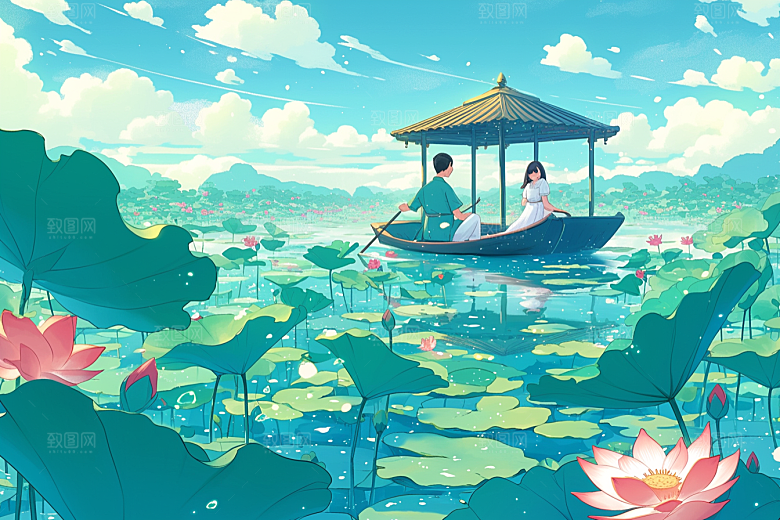 夏日赏荷夏天美景插画