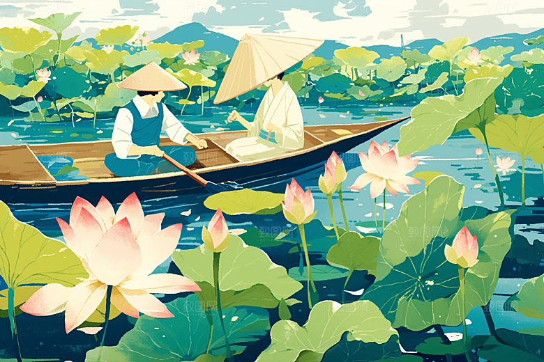 夏日赏荷手绘中国风插画