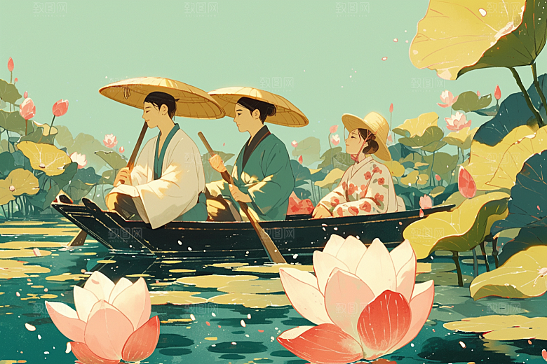 夏日赏荷荷塘美景插画