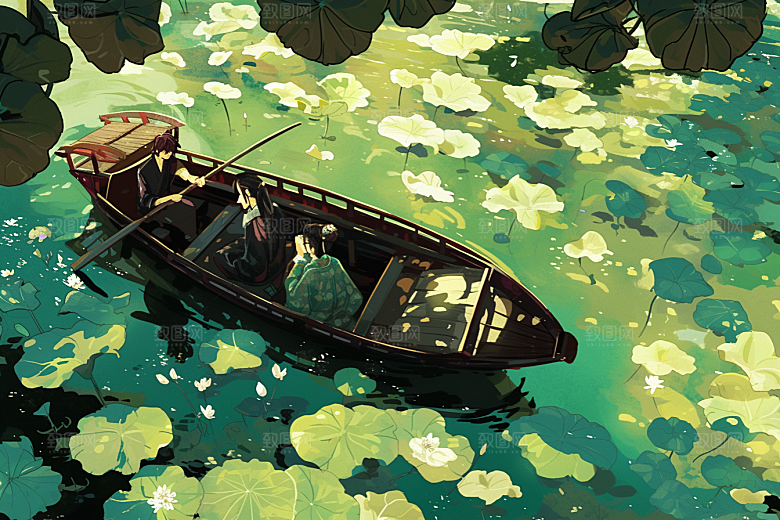 夏日赏荷美景手绘插画