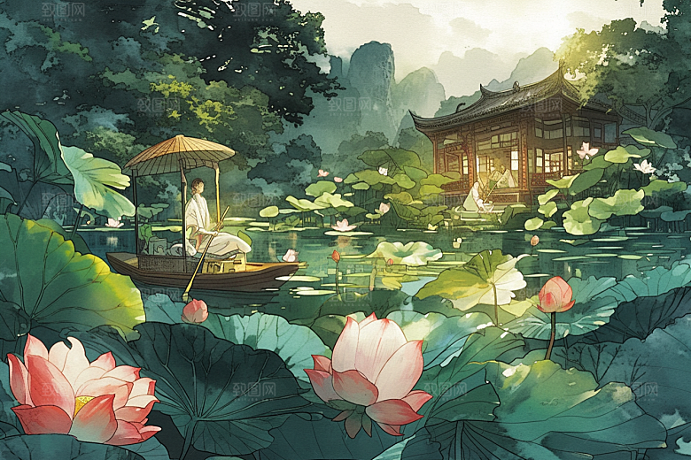 夏日赏荷赏花莲华插画