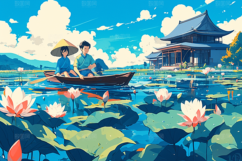 夏日赏荷手绘景色插画