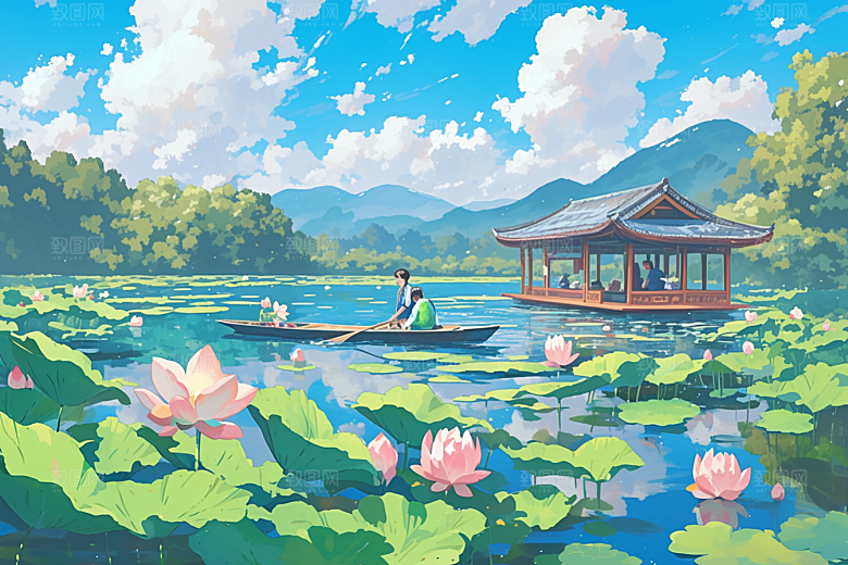 夏日赏荷自然手绘插画