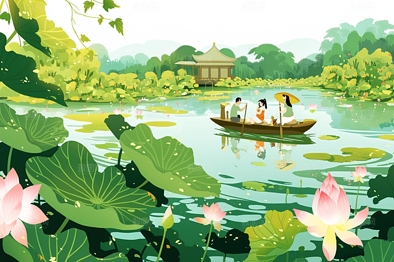 夏日赏荷池塘乘船插画