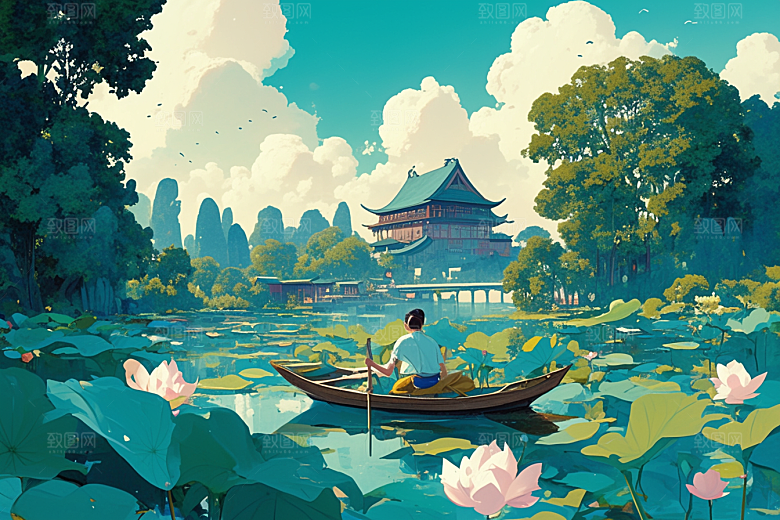 夏日赏荷乘船池塘插画