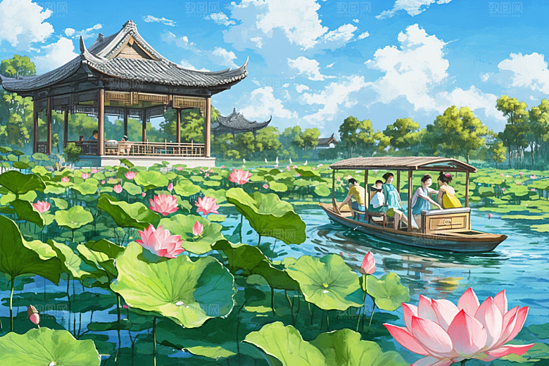 夏日赏荷游船自然插画