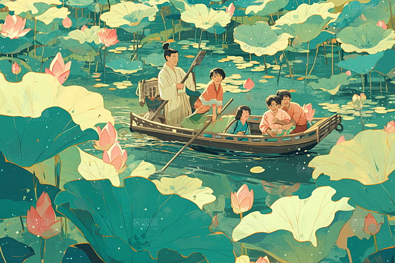 夏日赏荷景色池塘插画