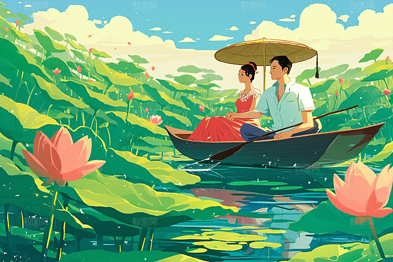 夏日赏荷赏花景色插画