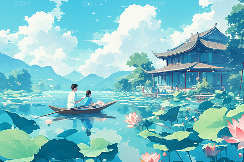 夏日赏荷乘船夏天插画